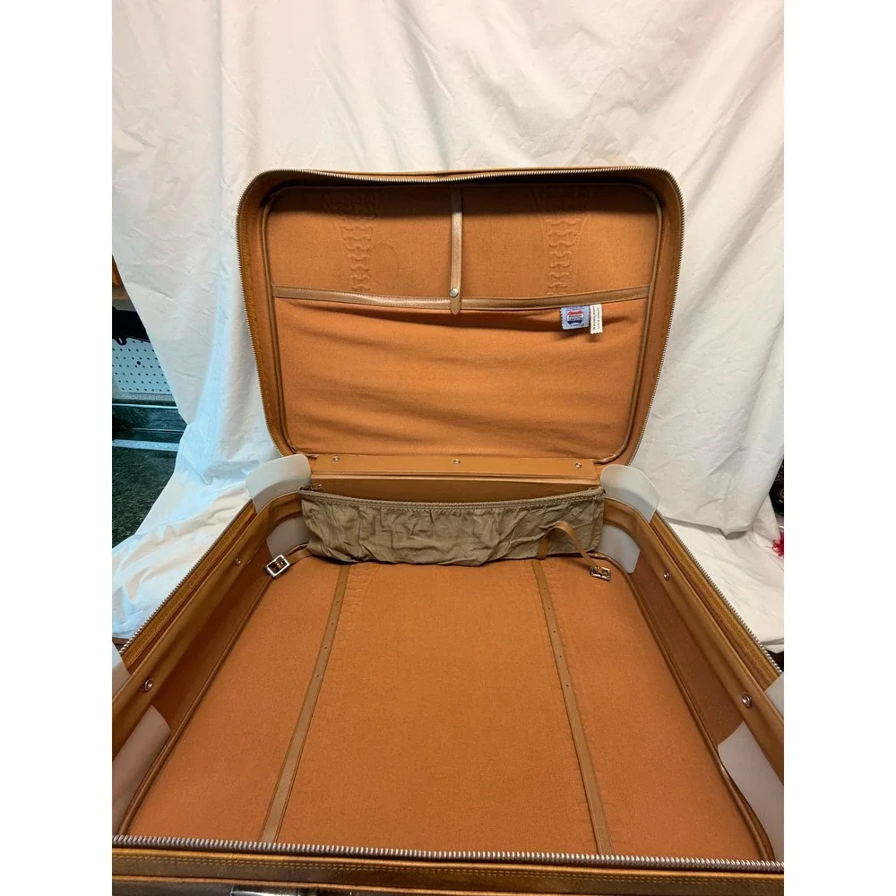 Vintage 1978 American Tourister Tan Faux Leather Suitcase Embossed Basketweave